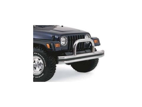 Double Tube Front Bumper with Hoop for 1976-1983 Jeep CJ5, 1976-1986 Jeep CJ7, 1997-2006 Jeep Wrangler TJ, 1987-1995 Jeep Wrangler YJ, Black Rampage