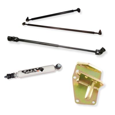 Jeep CJ narrow track steering kit with power steering for 1972-1981 CJ5 and CJ7 showing all five components including tie rod, drag link, steering shaft, box mount, and stabilizer