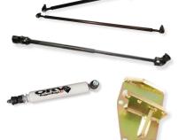 Jeep CJ narrow track steering kit with power steering for 1972-1981 CJ5 and CJ7 showing all five components including tie rod, drag link, steering shaft, box mount, and stabilizer